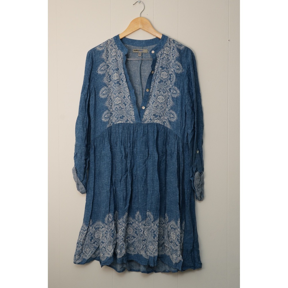 Bailey Blue Tunic Dress Women Small Blue Embroidered Roll Tab Sleeve Boho